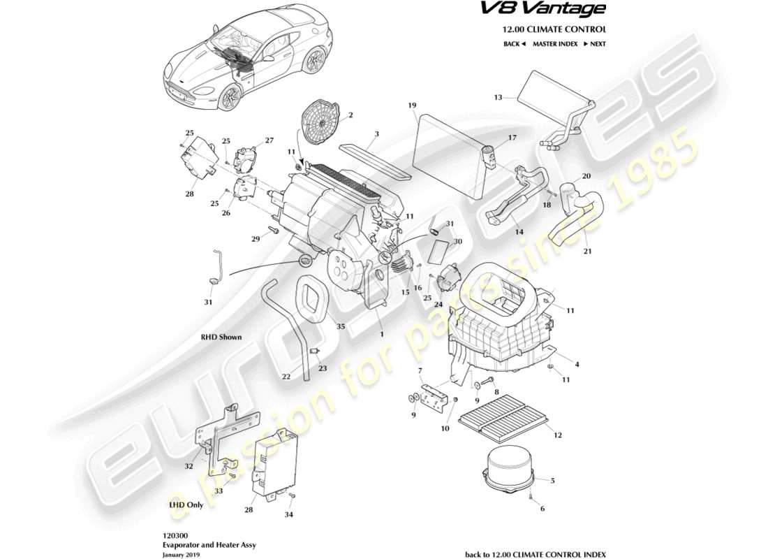 aston martin v8 vantage (2008) teilediagramm für verdampfer und heizung