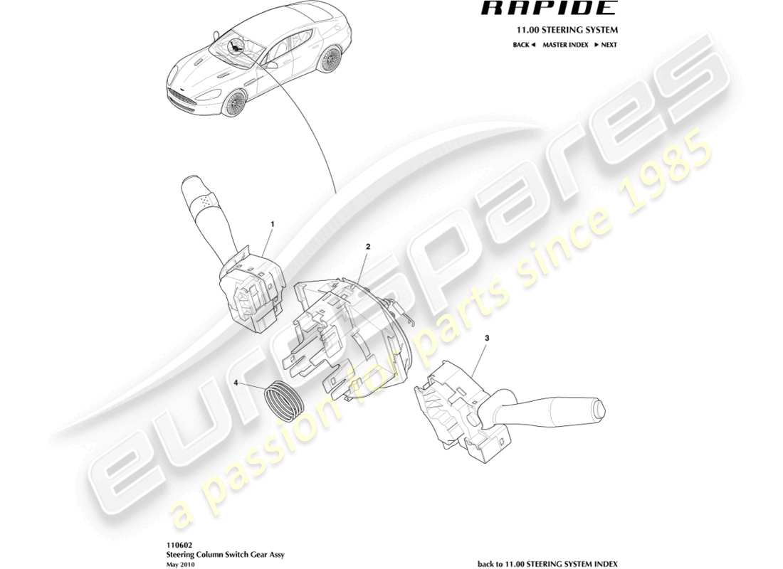 aston martin rapide (2011) teilediagramm der lenksäulenschalterbaugruppe