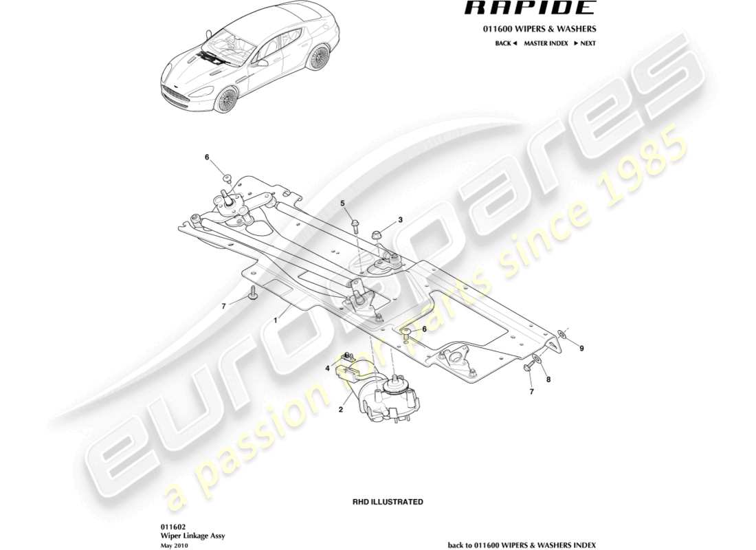 aston martin rapide (2011) teilediagramm für wischergestänge