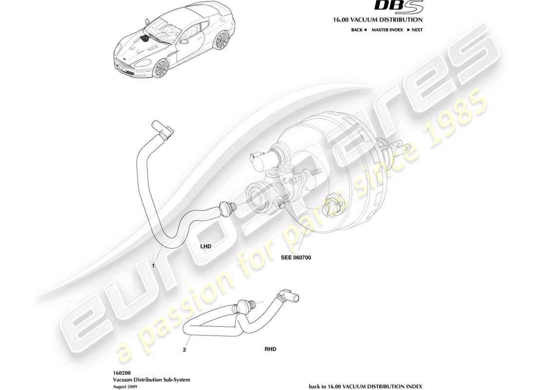 aston martin dbs (2008) teilediagramm für vakuumrohre