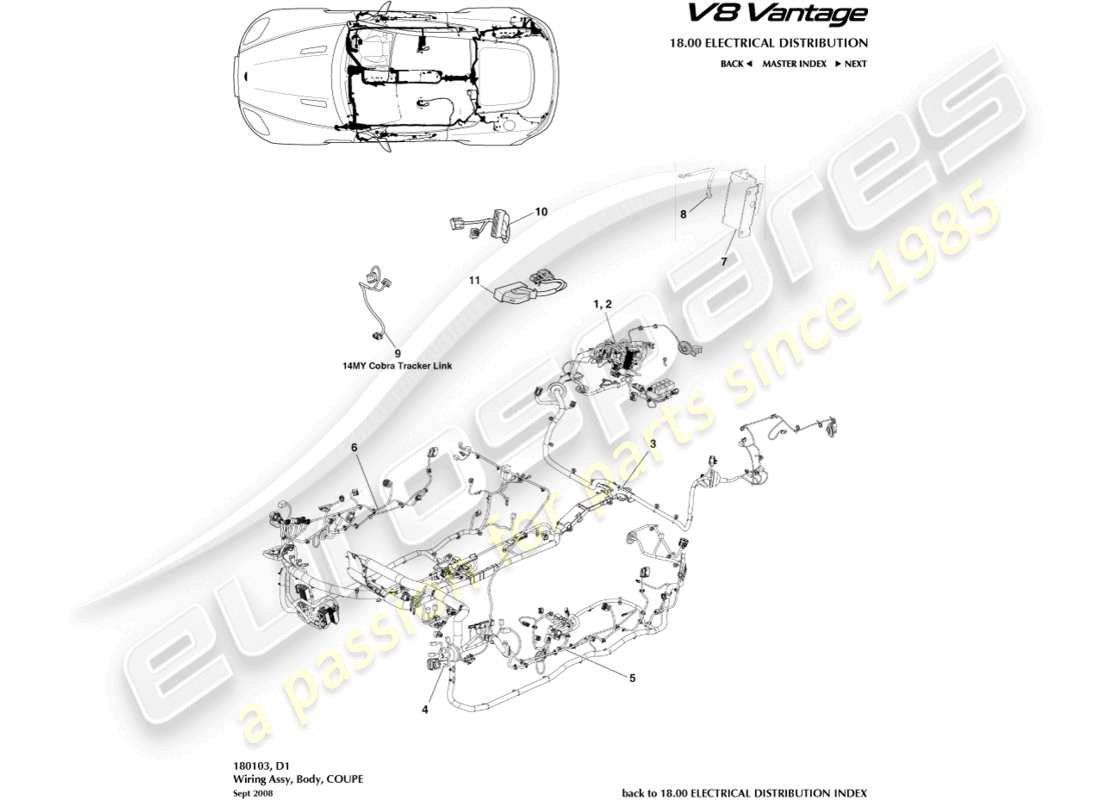 aston martin v8 vantage (2017) karosseriekabelbaum, coupé-teilediagramm
