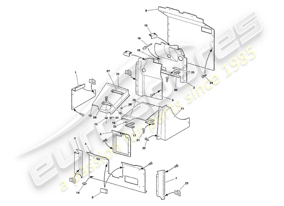 aston martin v8 volante (1998) teilediagramm für kofferraumverkleidung