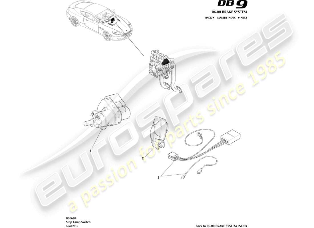 aston martin db9 (2009) teilediagramm des bremslichtschalters