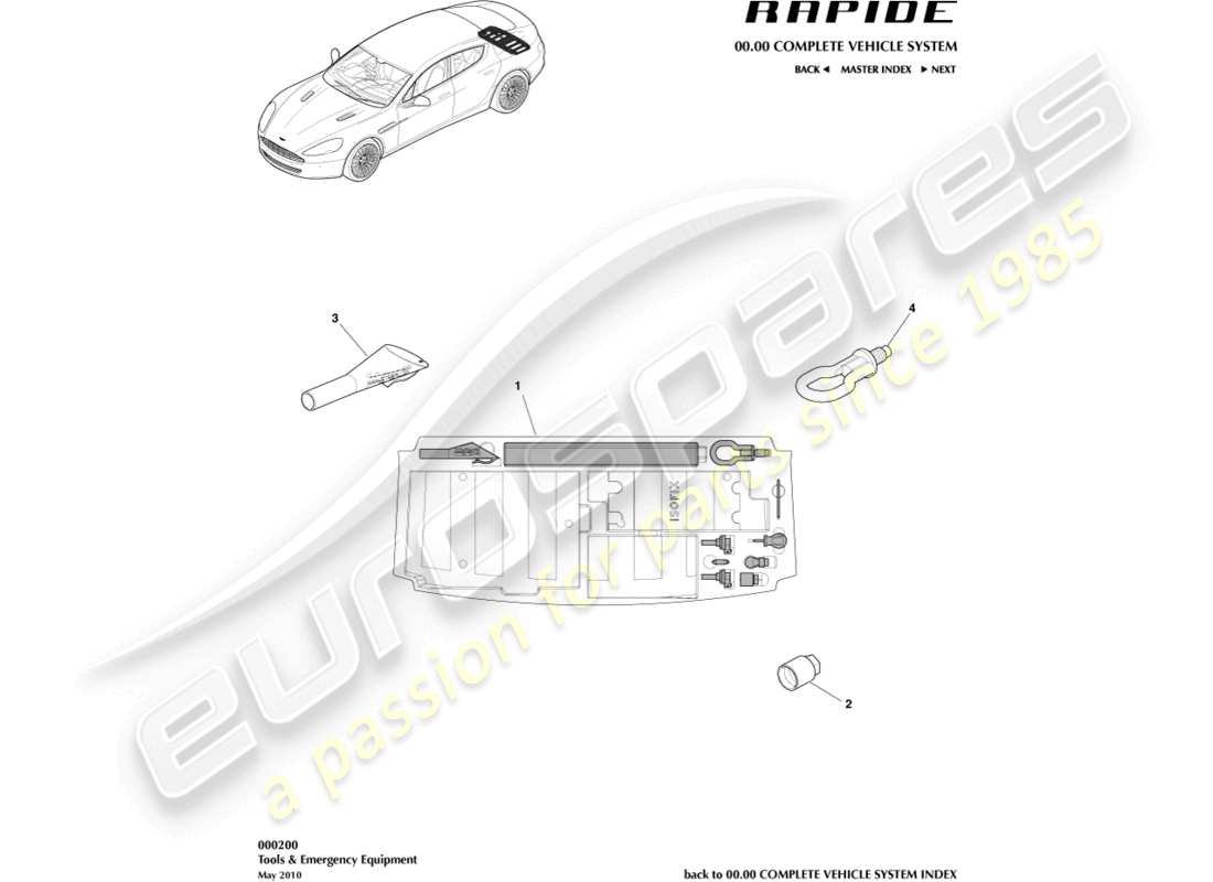 aston martin rapide (2011) teilediagramm für werkzeuge und notfallausrüstung