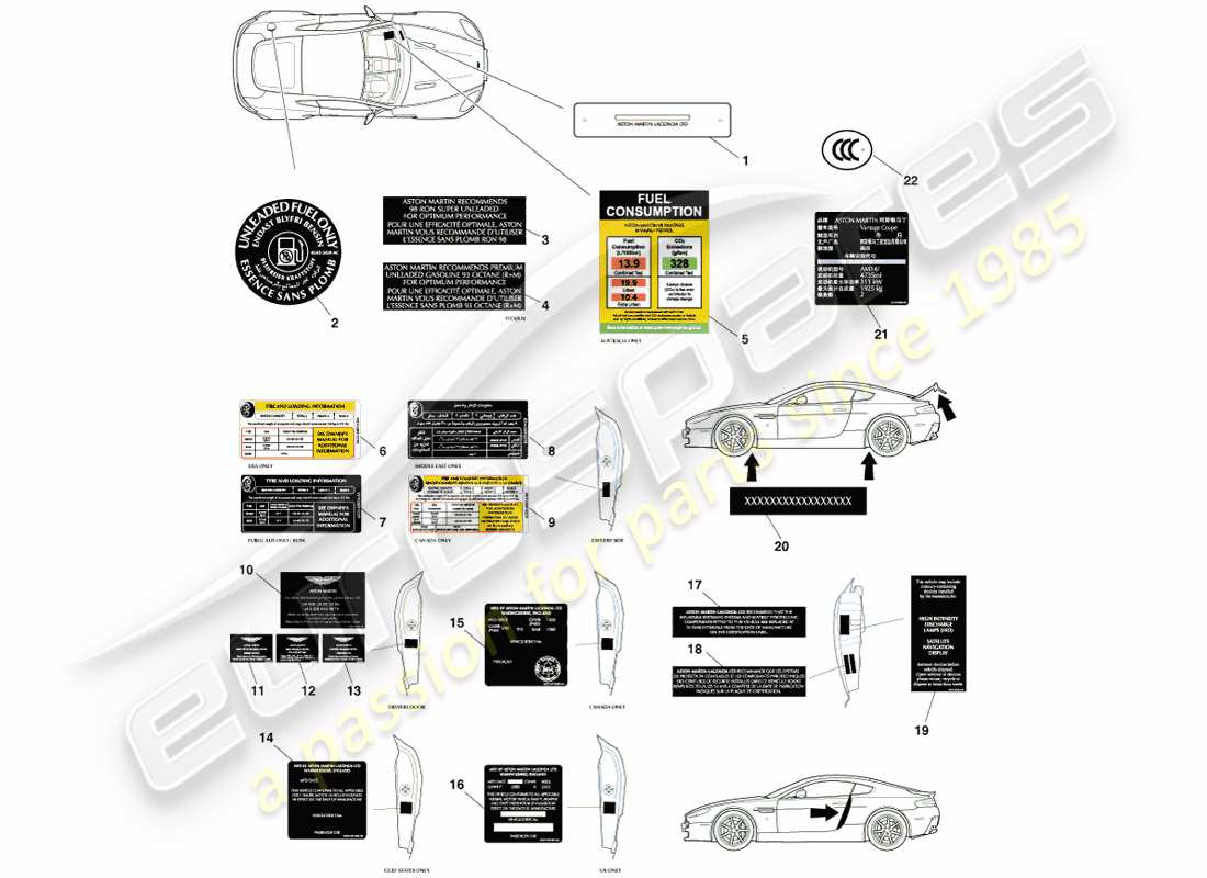 aston martin v8 vantage (2005) teilediagramm für außenaufkleber