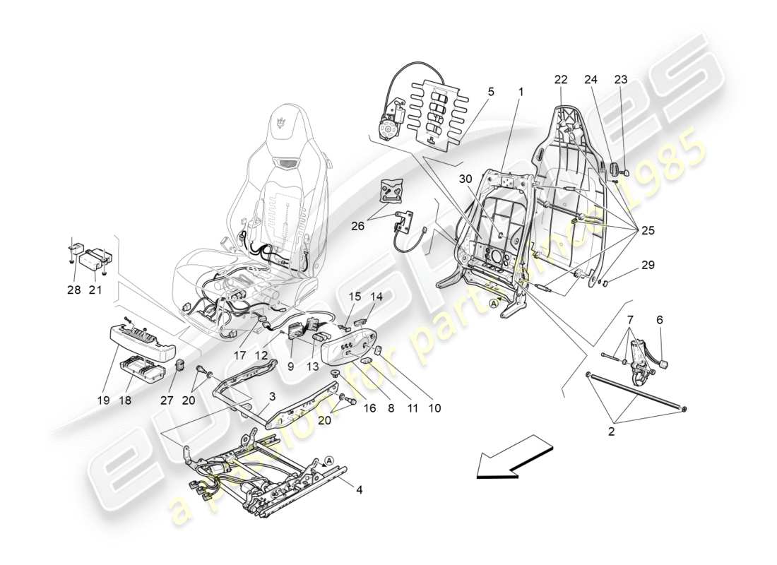 maserati granturismo s (2020) vordersitze: mechanik und elektronik teilediagramm
