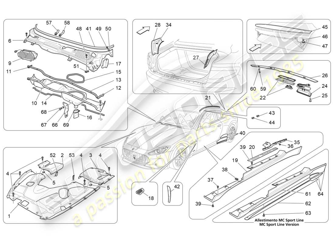 maserati granturismo s (2020) schilde, verkleidungen und abdeckplatten ersatzteildiagramm