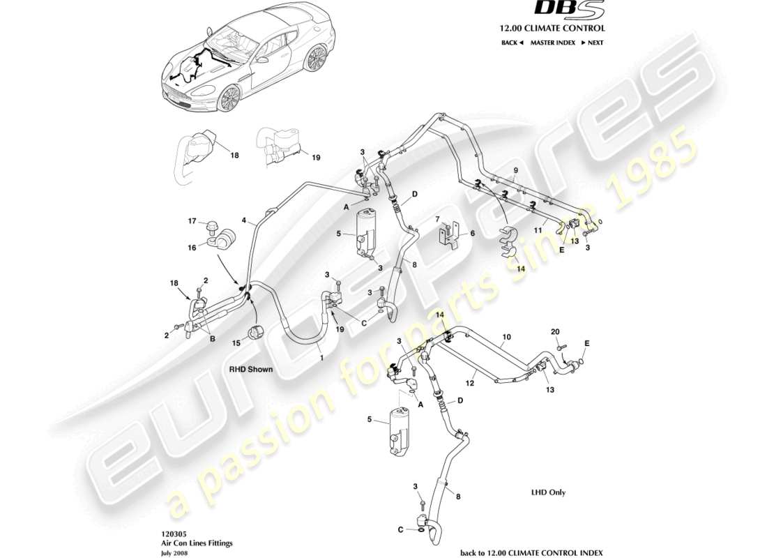 aston martin dbs (2008) teilediagramm für klimaanlagenleitungen