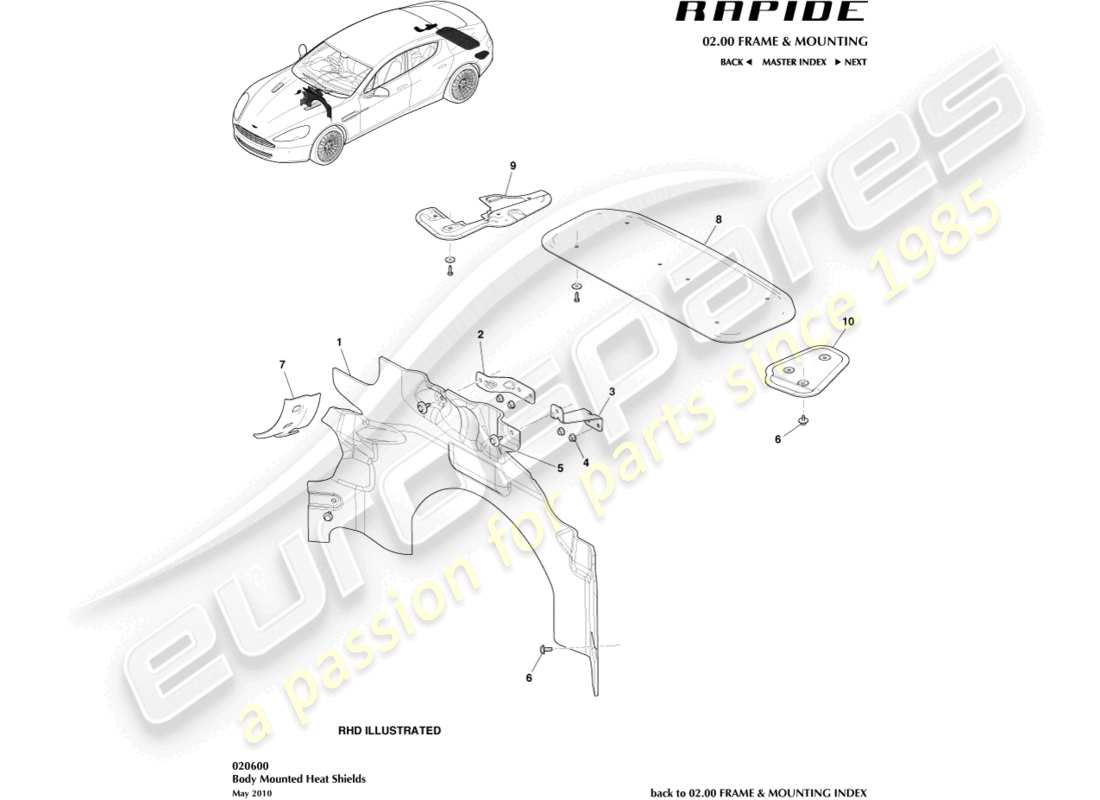 aston martin rapide (2011) teilediagramm für hitzeschilde