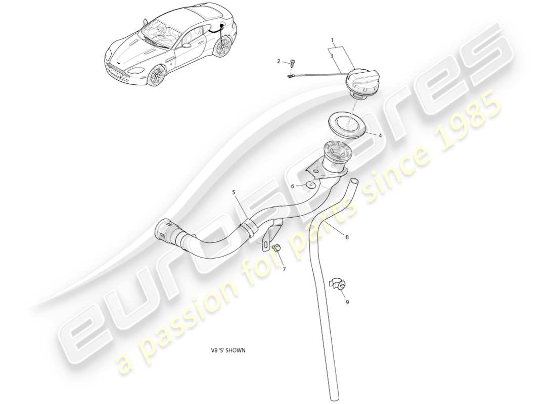 aston martin v8 vantage (2007) teilediagramm für tankdeckel und -rohr
