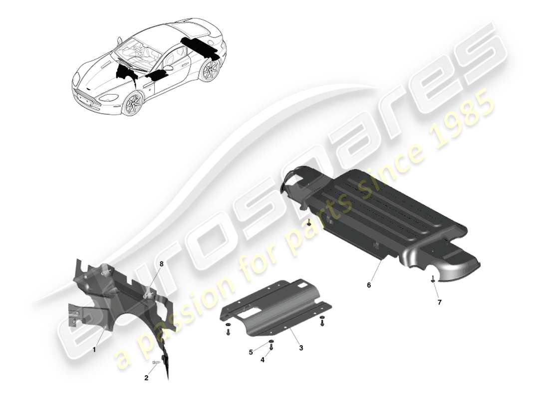 aston martin v8 vantage (2005) teilediagramm für hitzeschilde