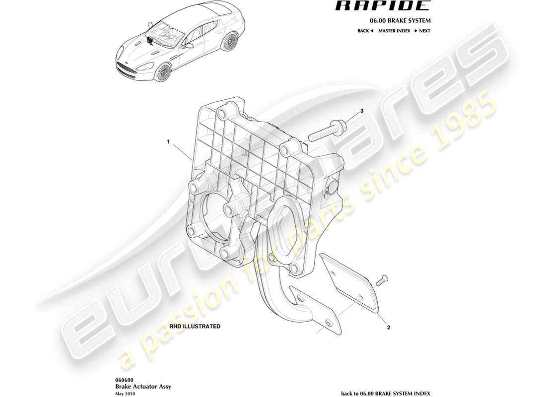 aston martin rapide (2011) teilediagramm der bremsaktuatorbaugruppe