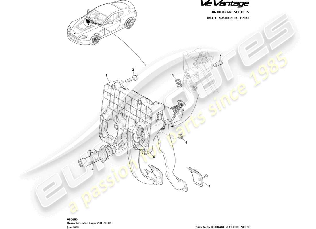aston martin v12 vantage (2011) teilediagramm der bremsaktuatorbaugruppe