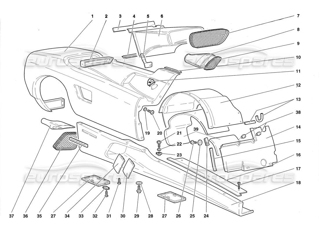 lamborghini diablo roadster (1998) coque-elemente - teilediagramm der rechten flanke