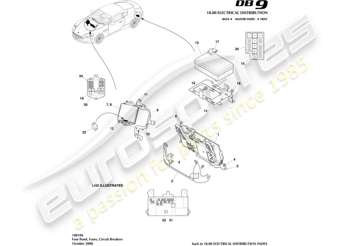 aston martin db9 (2012) teilediagramm für sicherungskästen