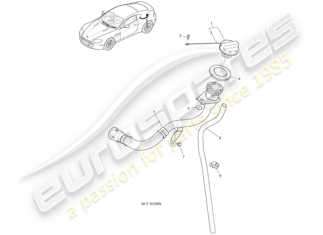 aston martin v8 vantage (2005) teilediagramm für tankdeckel und -rohr