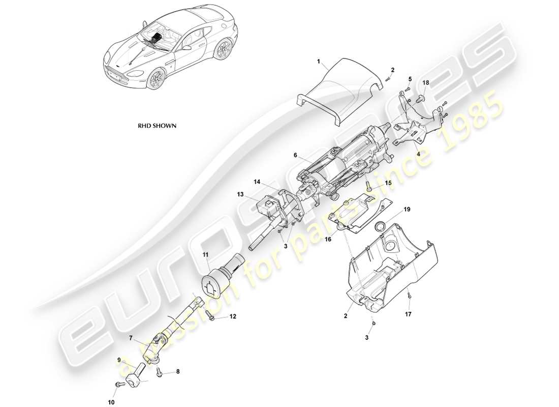aston martin v8 vantage (2005) teilediagramm der lenksäulenbaugruppe
