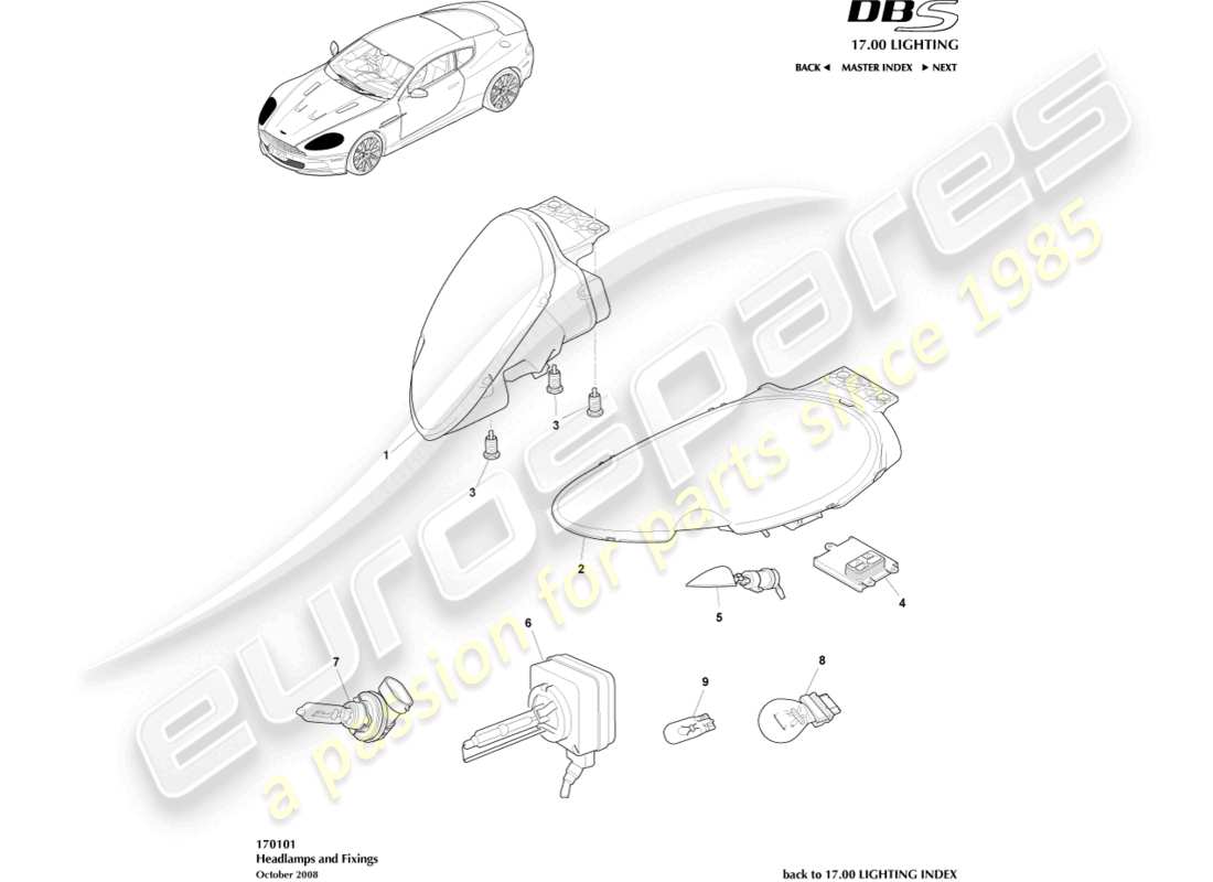 aston martin dbs (2010) scheinwerfer ersatzteildiagramm