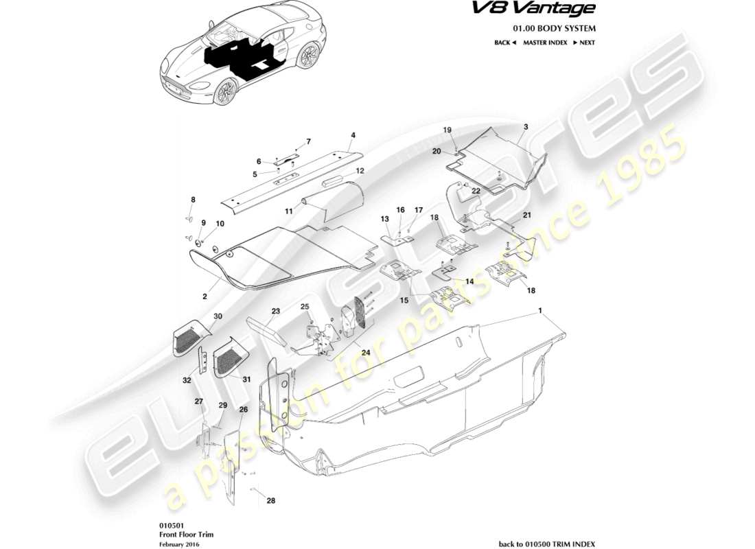 aston martin v8 vantage (2013) teildiagramm für bodenverkleidung