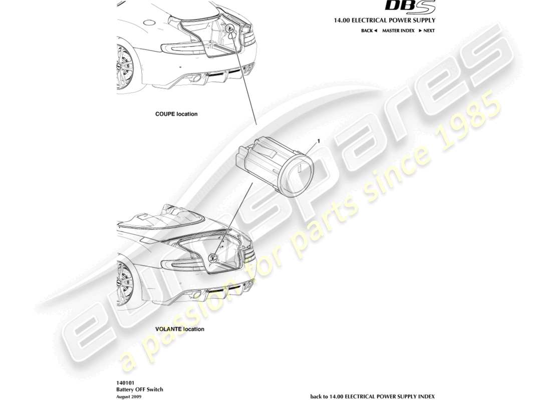 aston martin dbs (2007) teilediagramm des batterie-aus-schalters