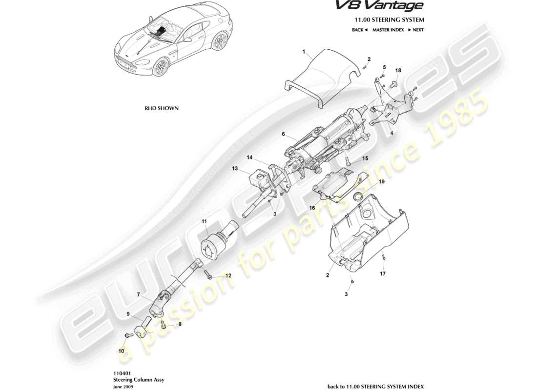 aston martin vantage gt8 (2017) teilediagramm der lenksäulenbaugruppe