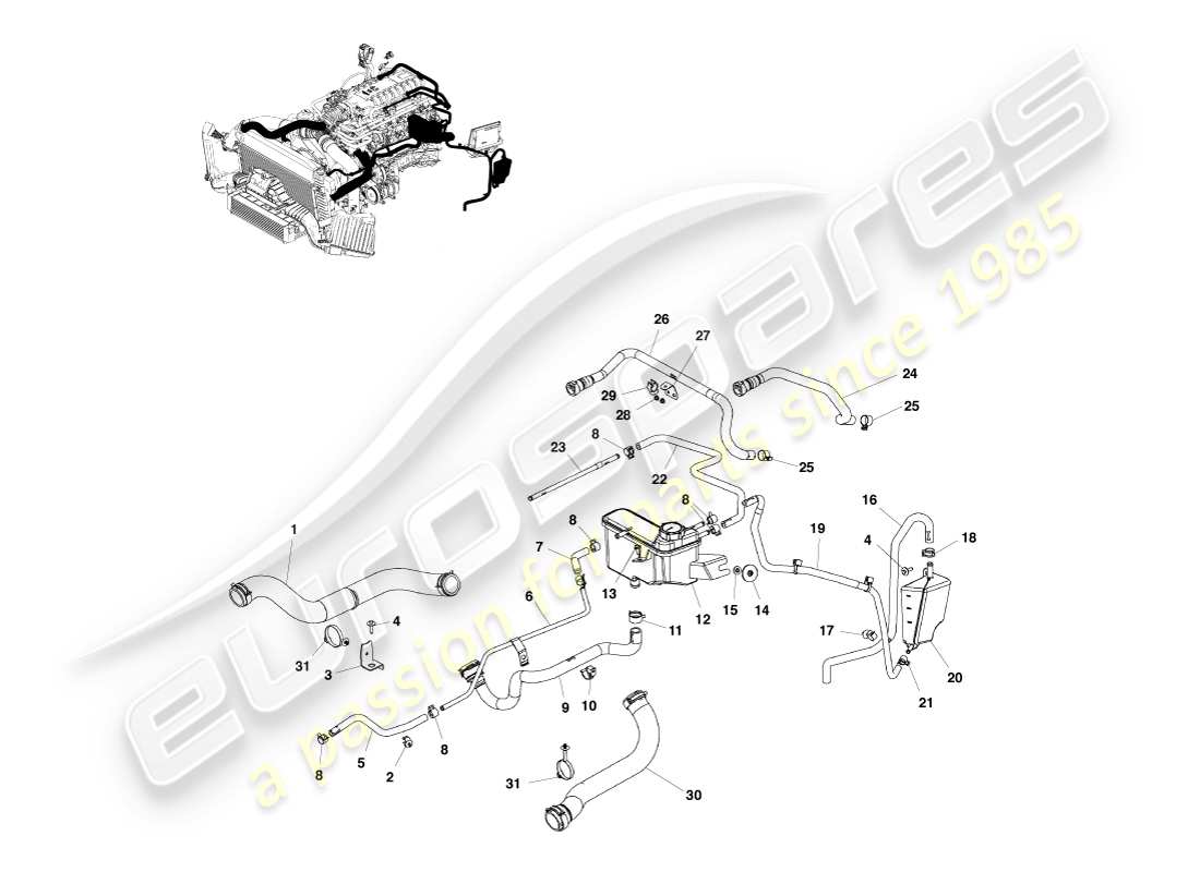 aston martin v8 vantage (2007) teilediagramm für kühlmittelschläuche und -behälter