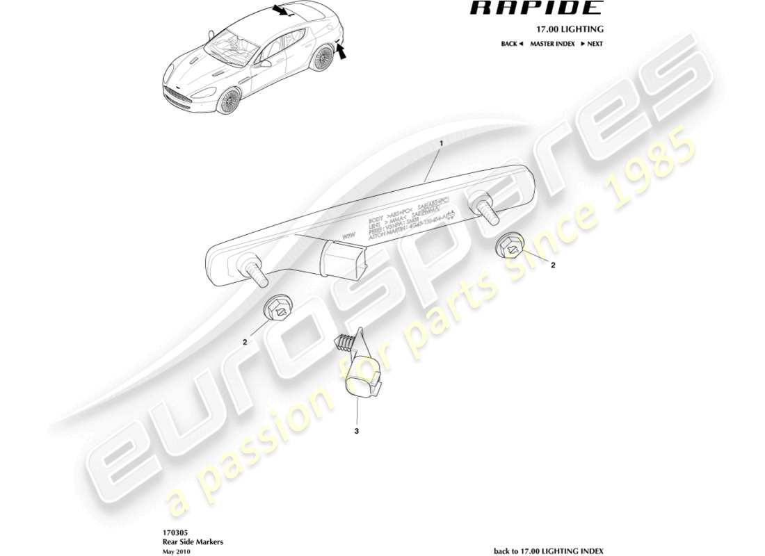 aston martin rapide (2011) teilediagramm für hintere seitenmarkierungen