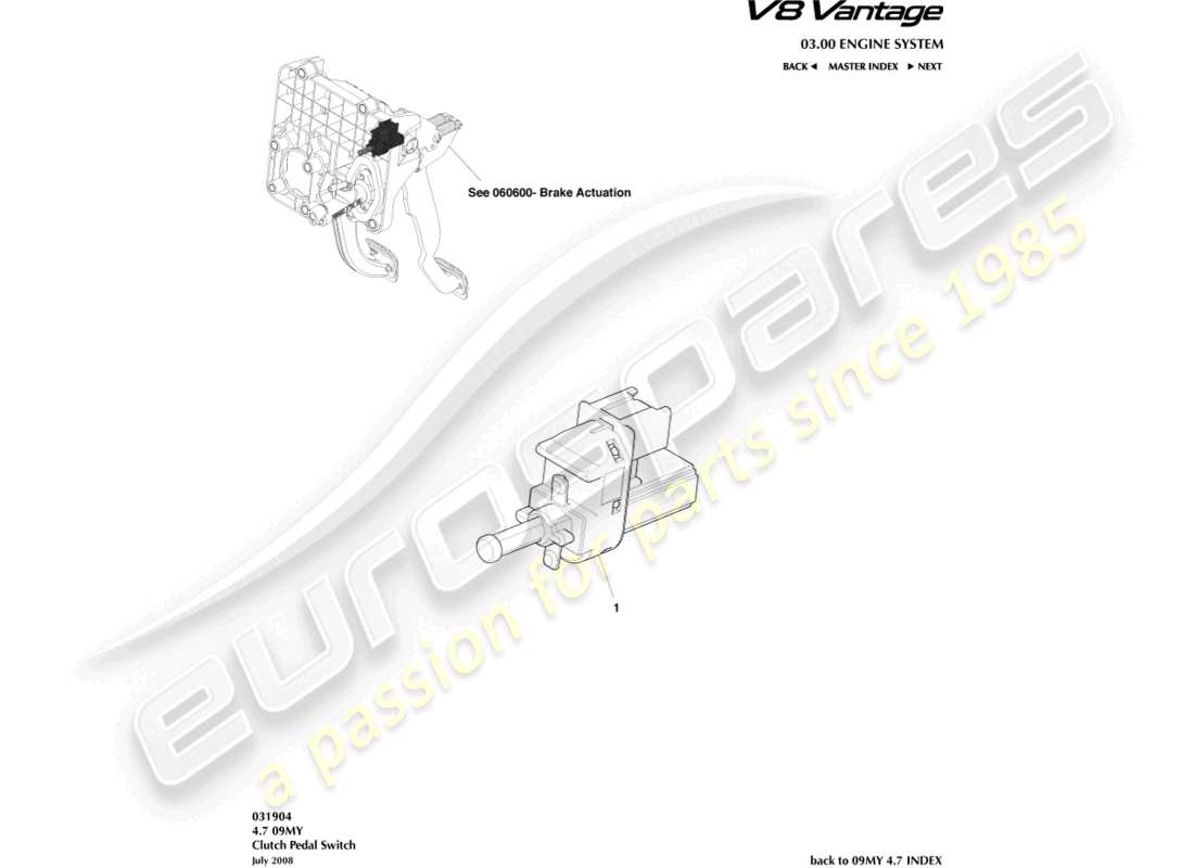 aston martin v8 vantage (2014) teilediagramm des kupplungspedalschalters