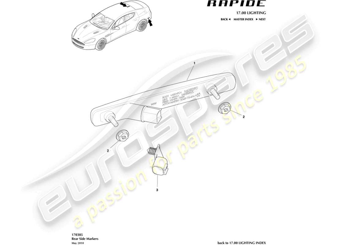 aston martin rapide (2014) teilediagramm für hintere seitenmarkierungen