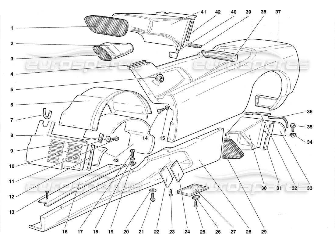 lamborghini diablo roadster (1998) coque-elemente – teilediagramm der linken flanke