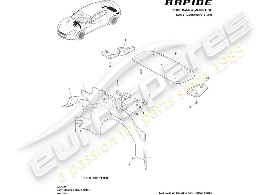 aston martin rapide (2014) teilediagramm für hitzeschilde