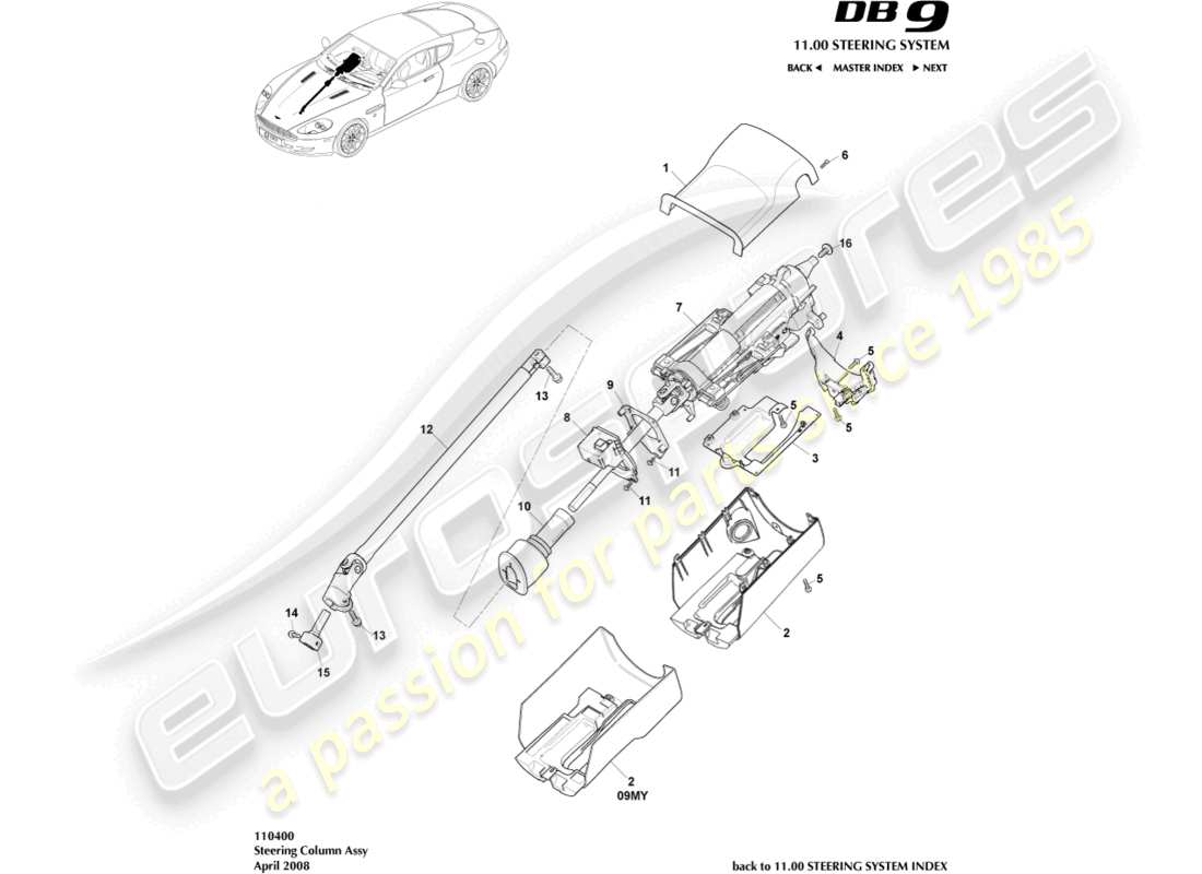 aston martin db9 (2010) teilediagramm der lenksäulenbaugruppe