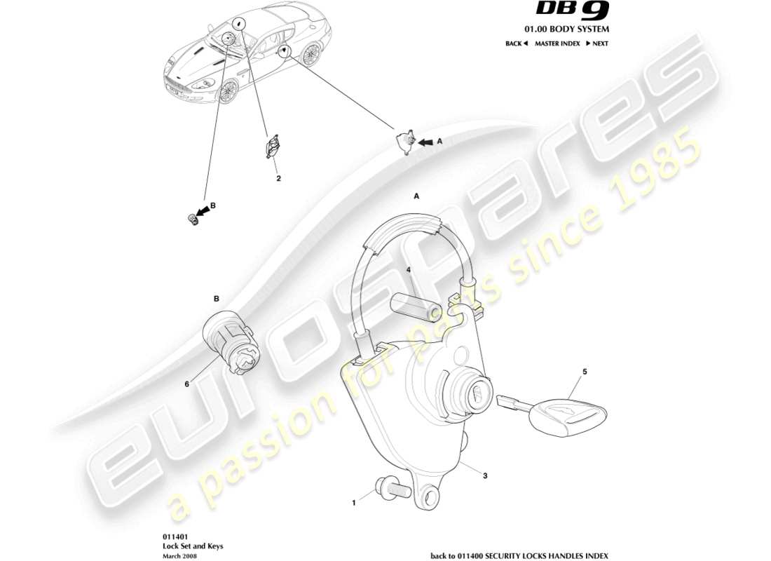 aston martin db9 (2010) teilediagramm für schlosssatz und schlüssel