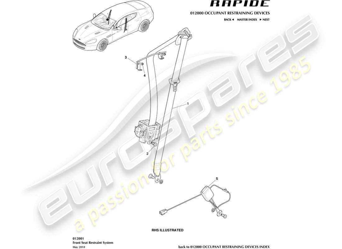 aston martin rapide (2011) teilediagramm für vordere sicherheitsgurte