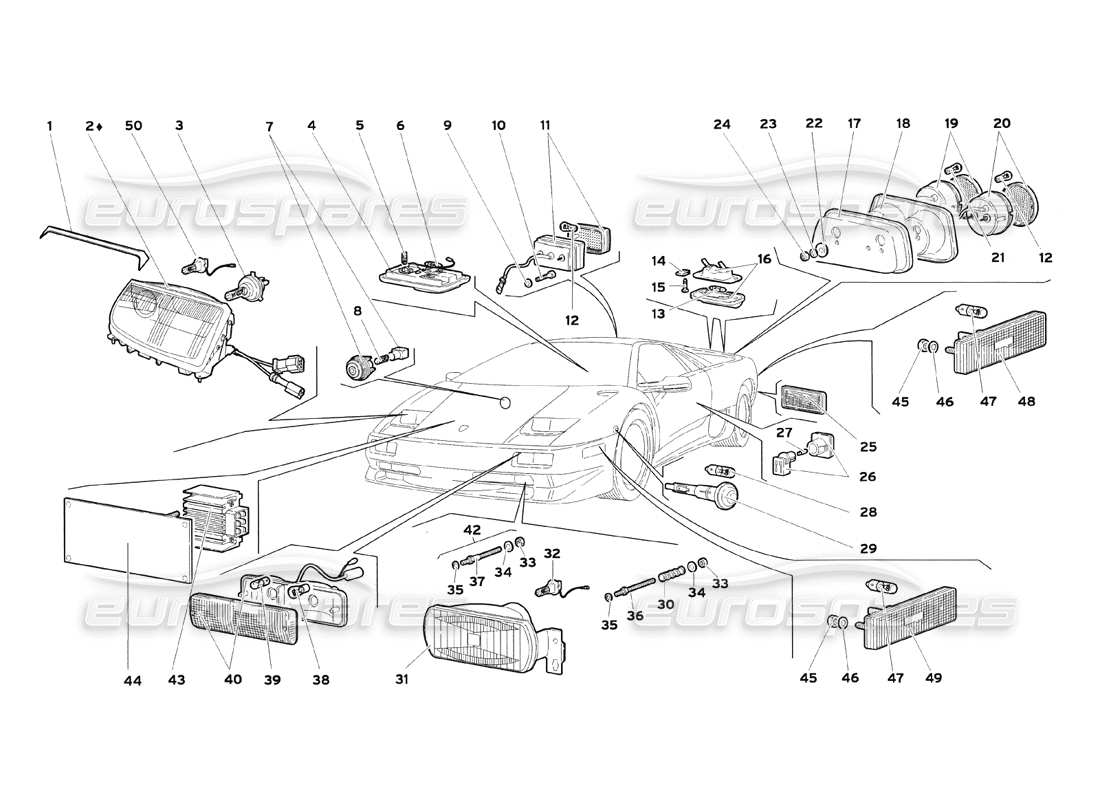 lamborghini diablo sv (1999) lichter (bei bestellung angeben, ob das auto einen carbon-schutz hat) teilediagramm