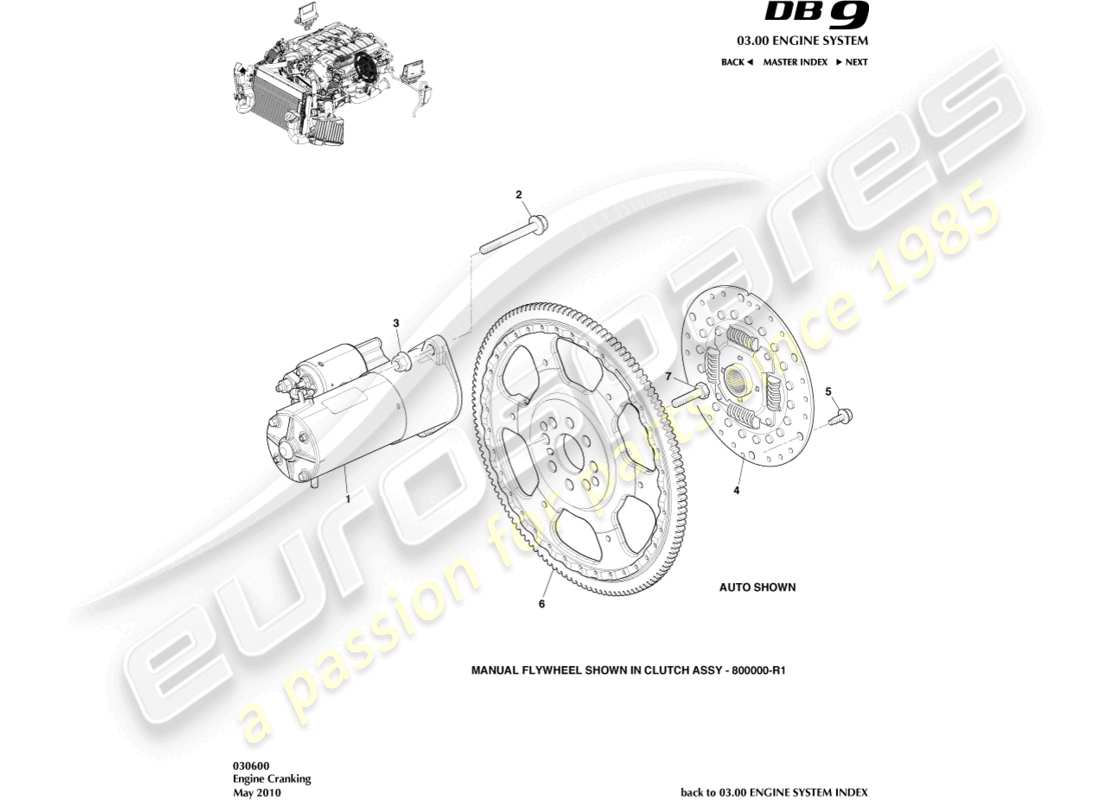 aston martin db9 (2010) teilediagramm des anlassers