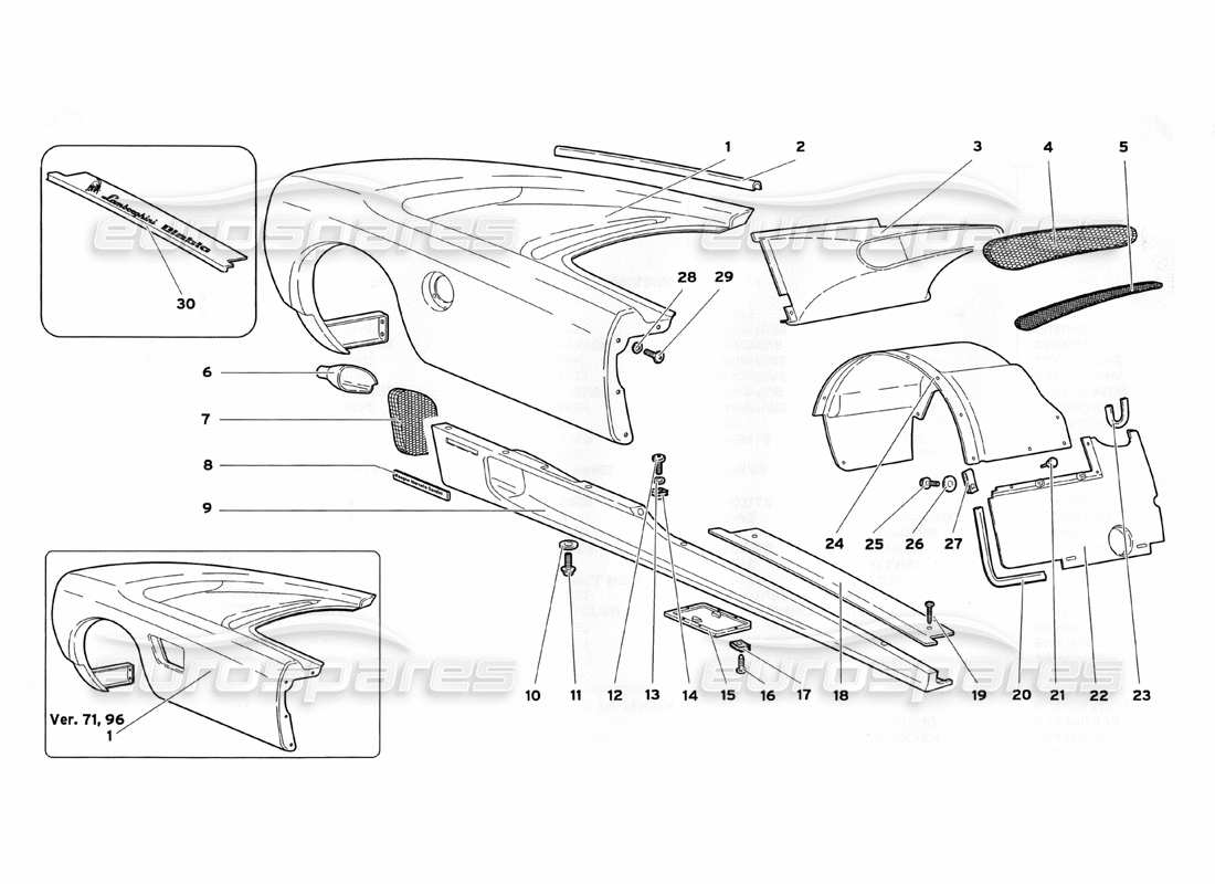 lamborghini diablo sv (1999) körperelemente - teilediagramm der rechten flanke