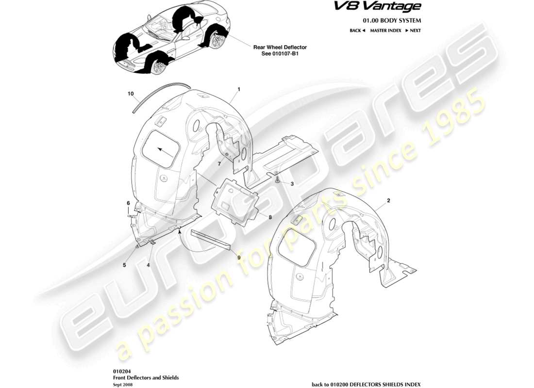 aston martin v8 vantage (2010) teilediagramm für vordere radkästen