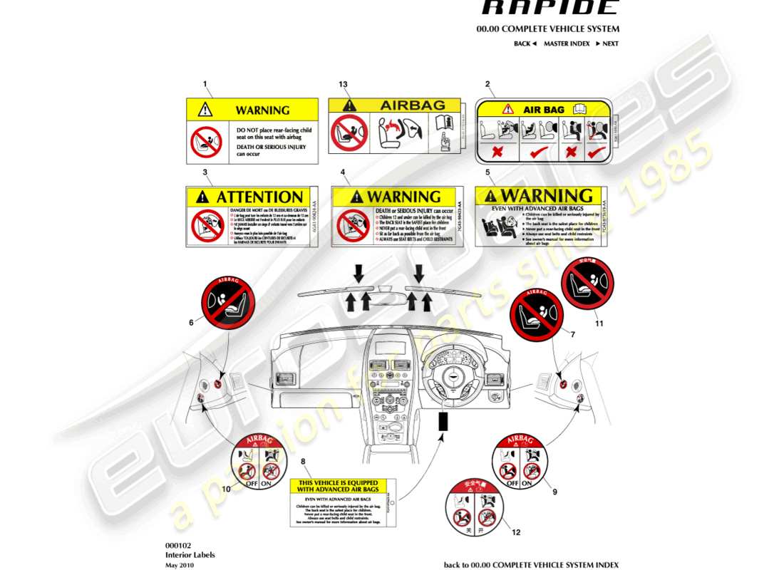aston martin rapide (2012) teilediagramm für innenbeschriftungen