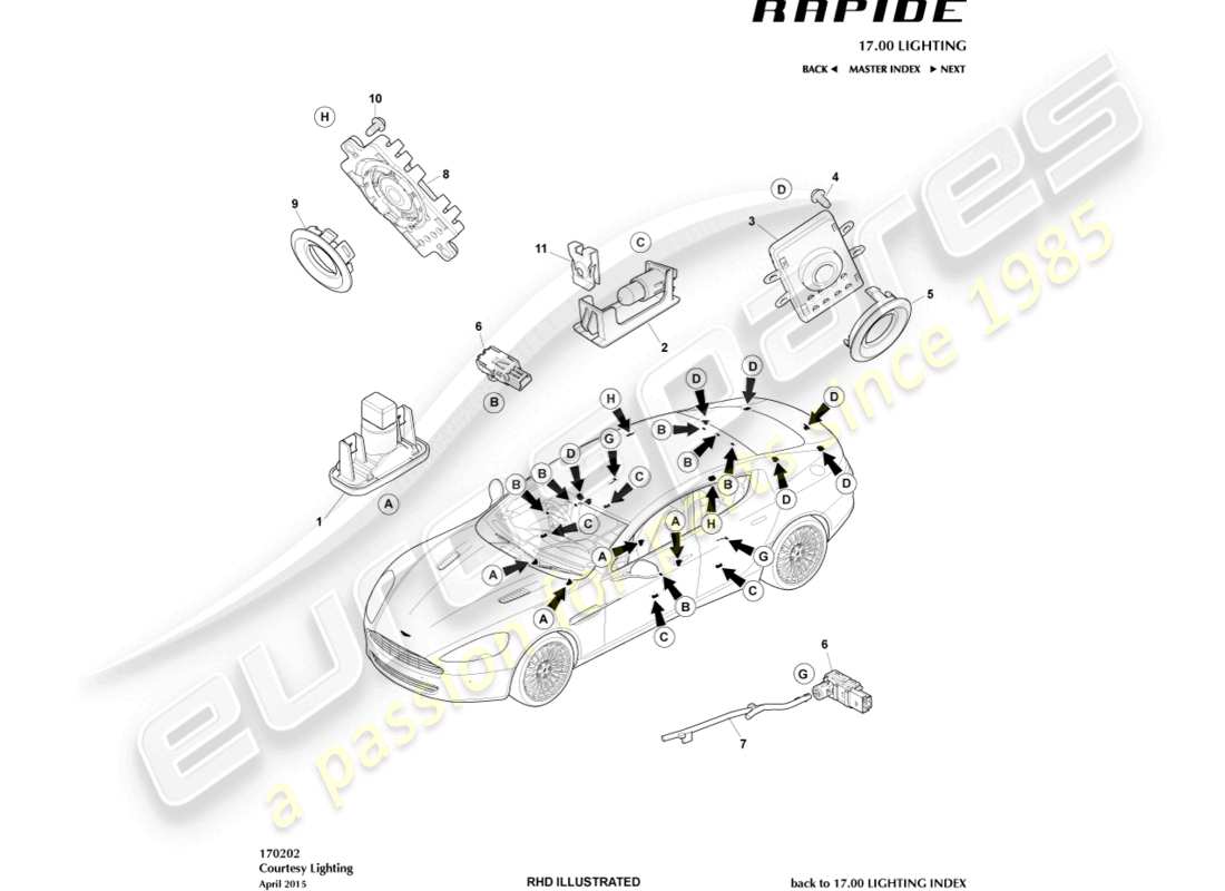 aston martin rapide (2011) teilediagramm für innenbeleuchtung