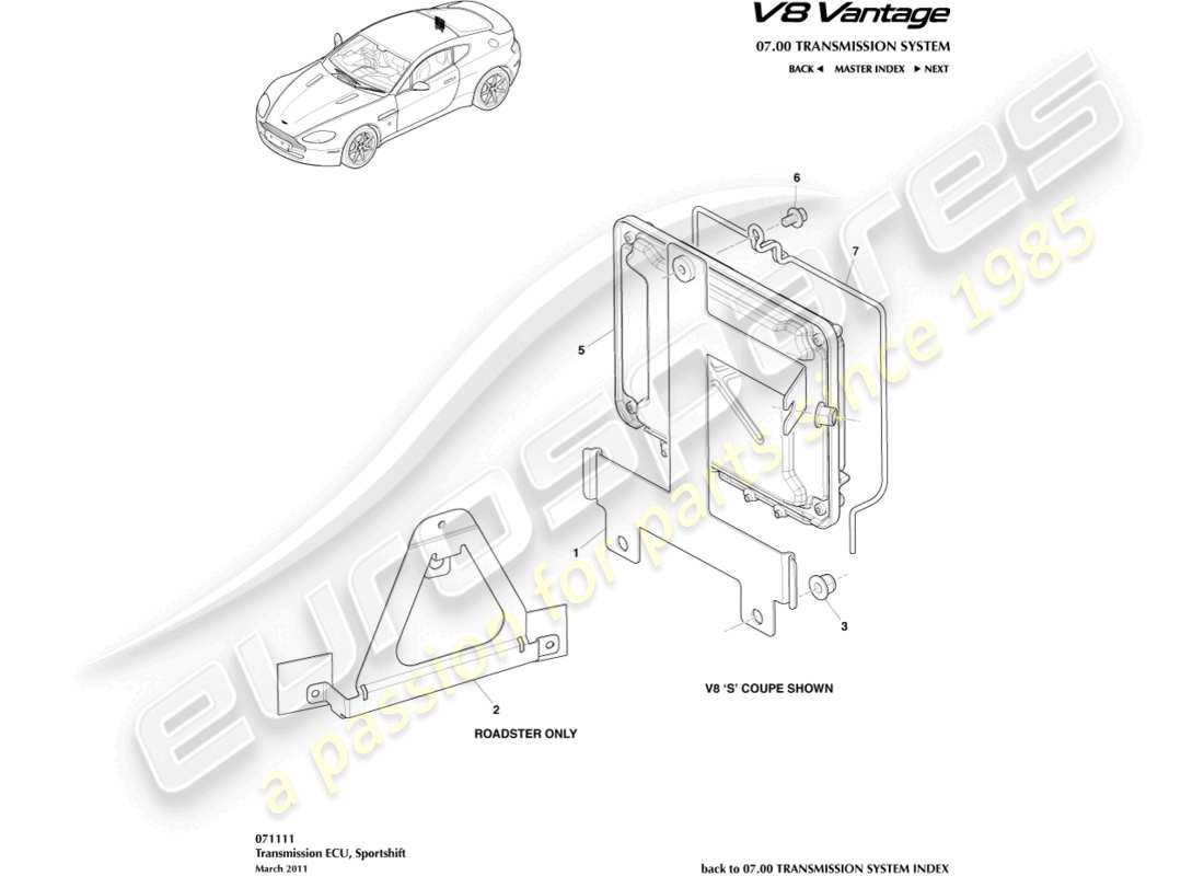 aston martin v8 vantage (2009) teilediagramm der getriebe-ecu