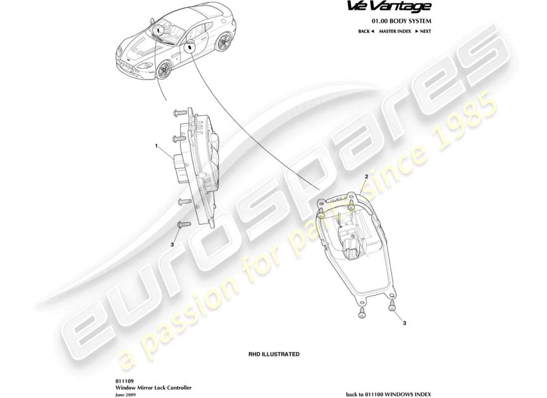 aston martin v12 vantage (2013) teilediagramm des fenster-/spiegelverriegelungs-controllers
