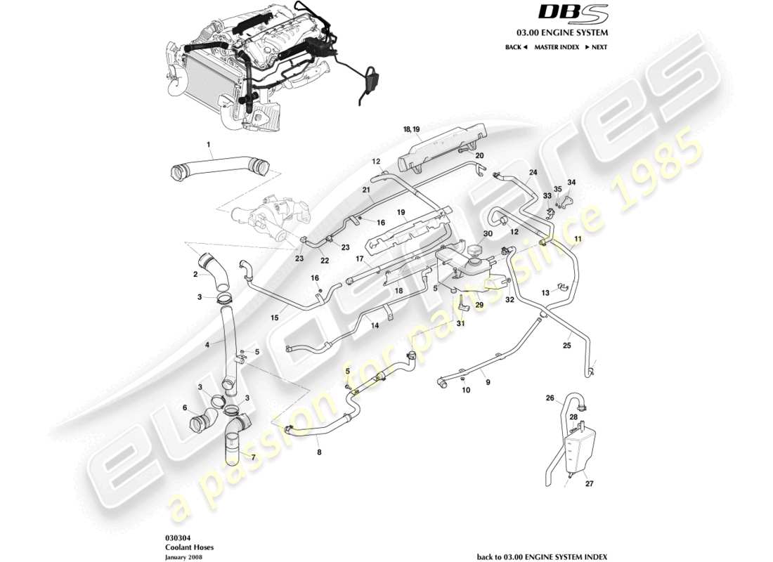 aston martin dbs (2009) teilediagramm für kühlmittelschläuche und -behälter