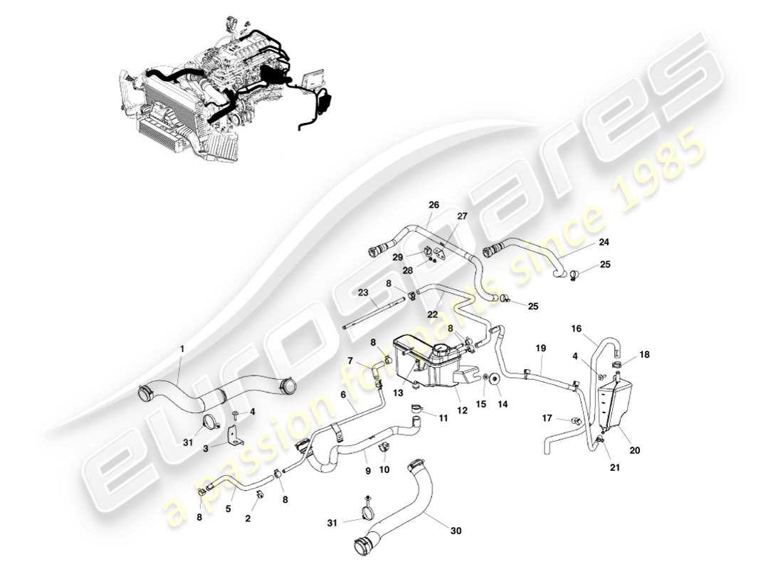 aston martin v8 vantage (2005) teilediagramm für kühlmittelschläuche und -behälter