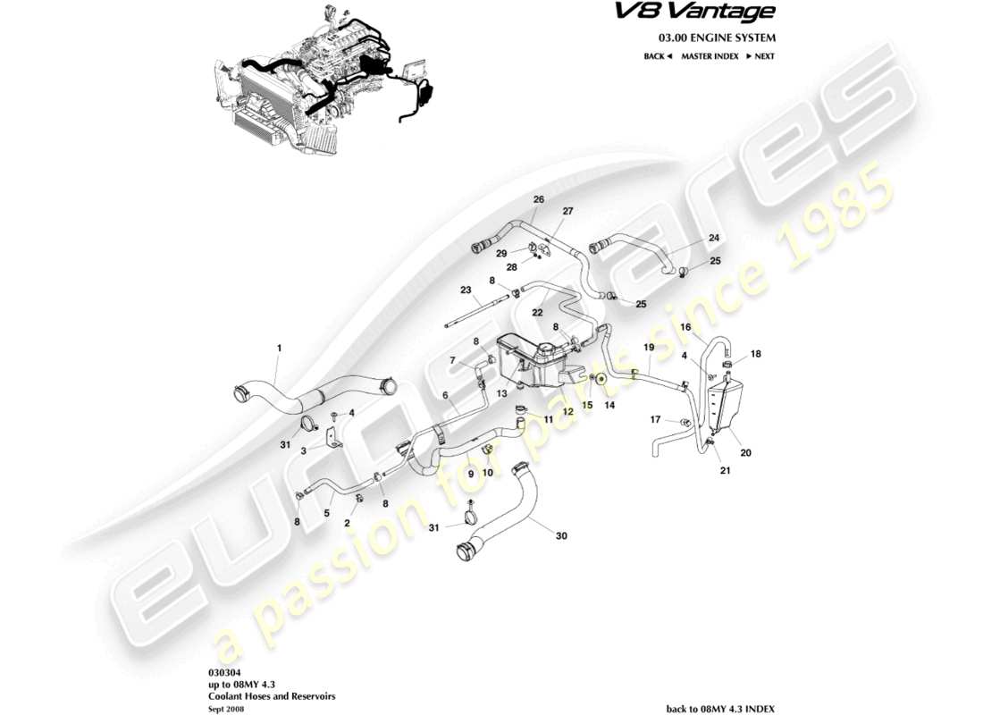 aston martin v8 vantage (2013) teilediagramm für kühlmittelschläuche und -behälter