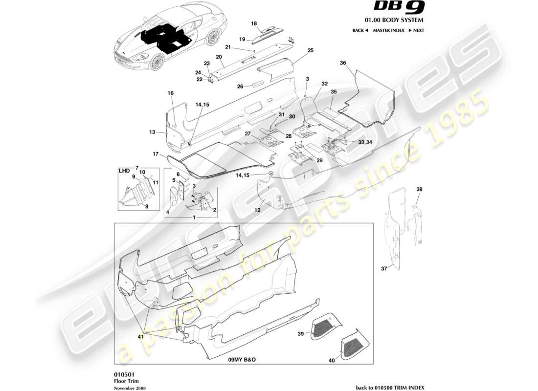 aston martin db9 (2005) teildiagramm für bodenverkleidung