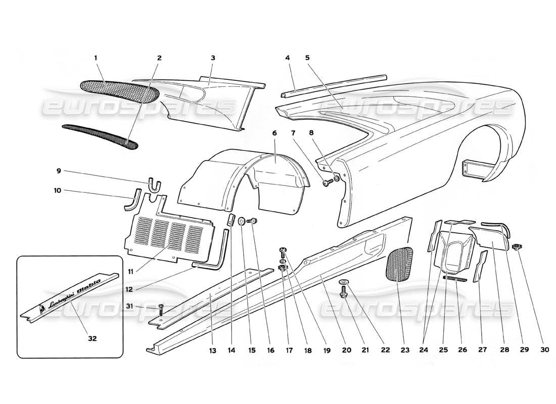 lamborghini diablo sv (1999) karosserieelemente - teilediagramm der linken flanke