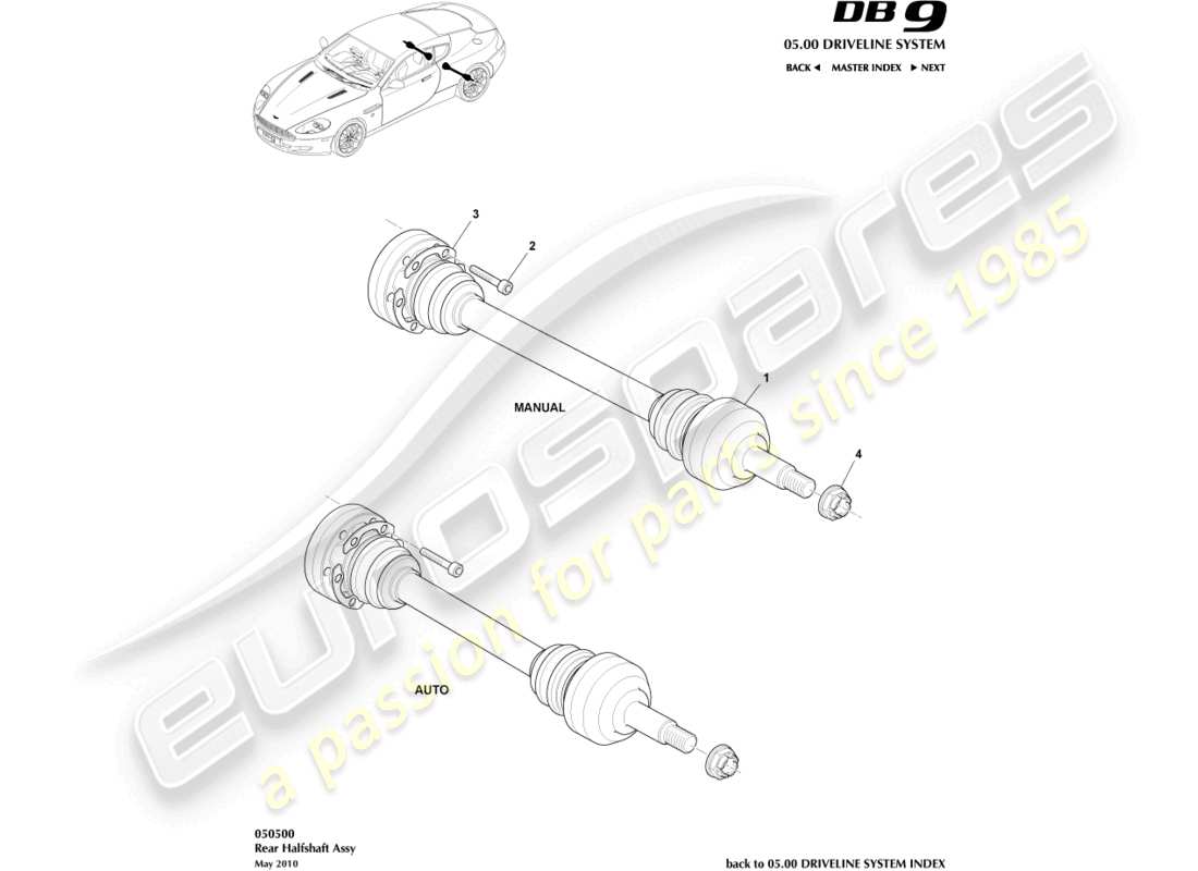 aston martin db9 (2010) teilediagramm der hinteren halbwelle