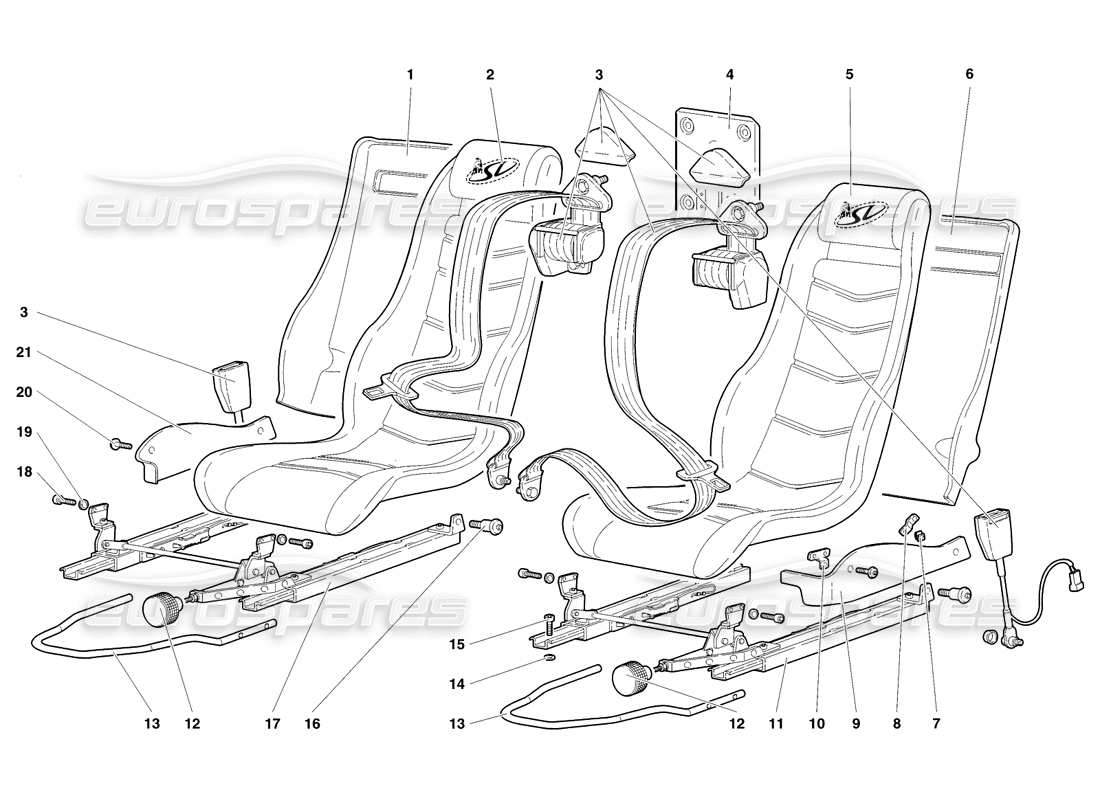 lamborghini diablo sv (1998) teilediagramm für sitze und sicherheitsgurte