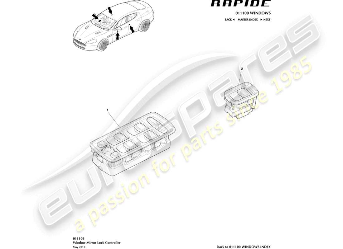 aston martin rapide (2014) teilediagramm für fenstersteuerungsschalter